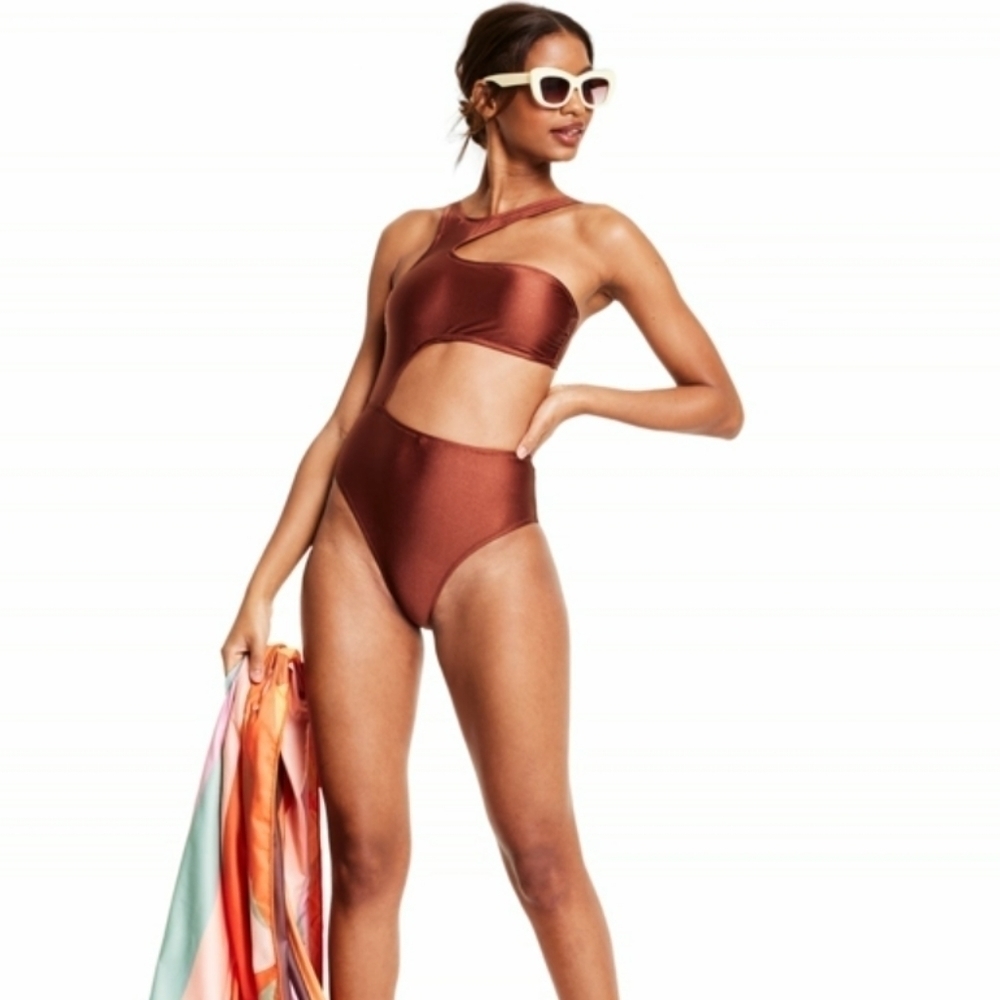 FE NOEL Women's Asymmetrical Metallic Cut Out High Leg Cheeky One Piece Swimsuit